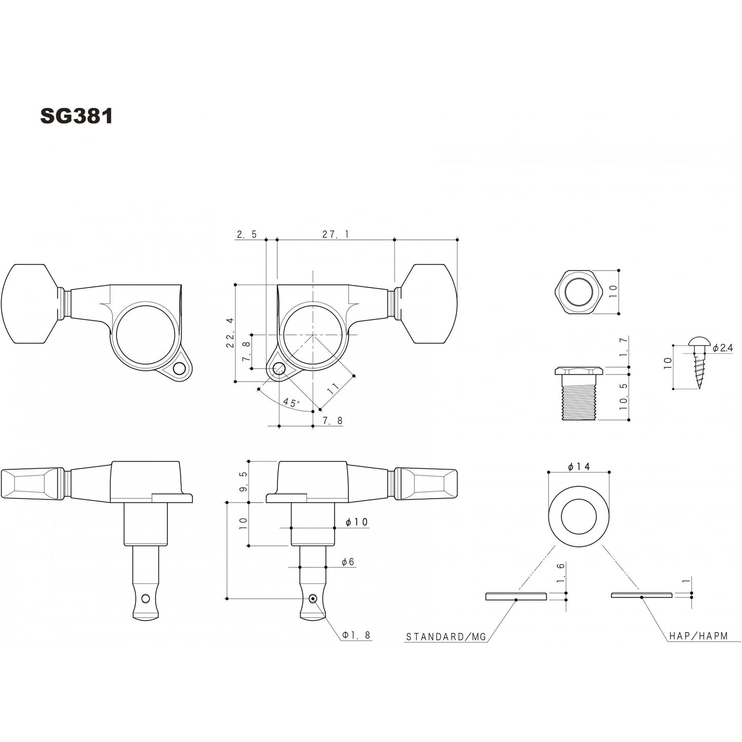 SG381 Series 3 Aside Tuning Machines with 01 Large Metal Buttons 16:1 Gear Ratio