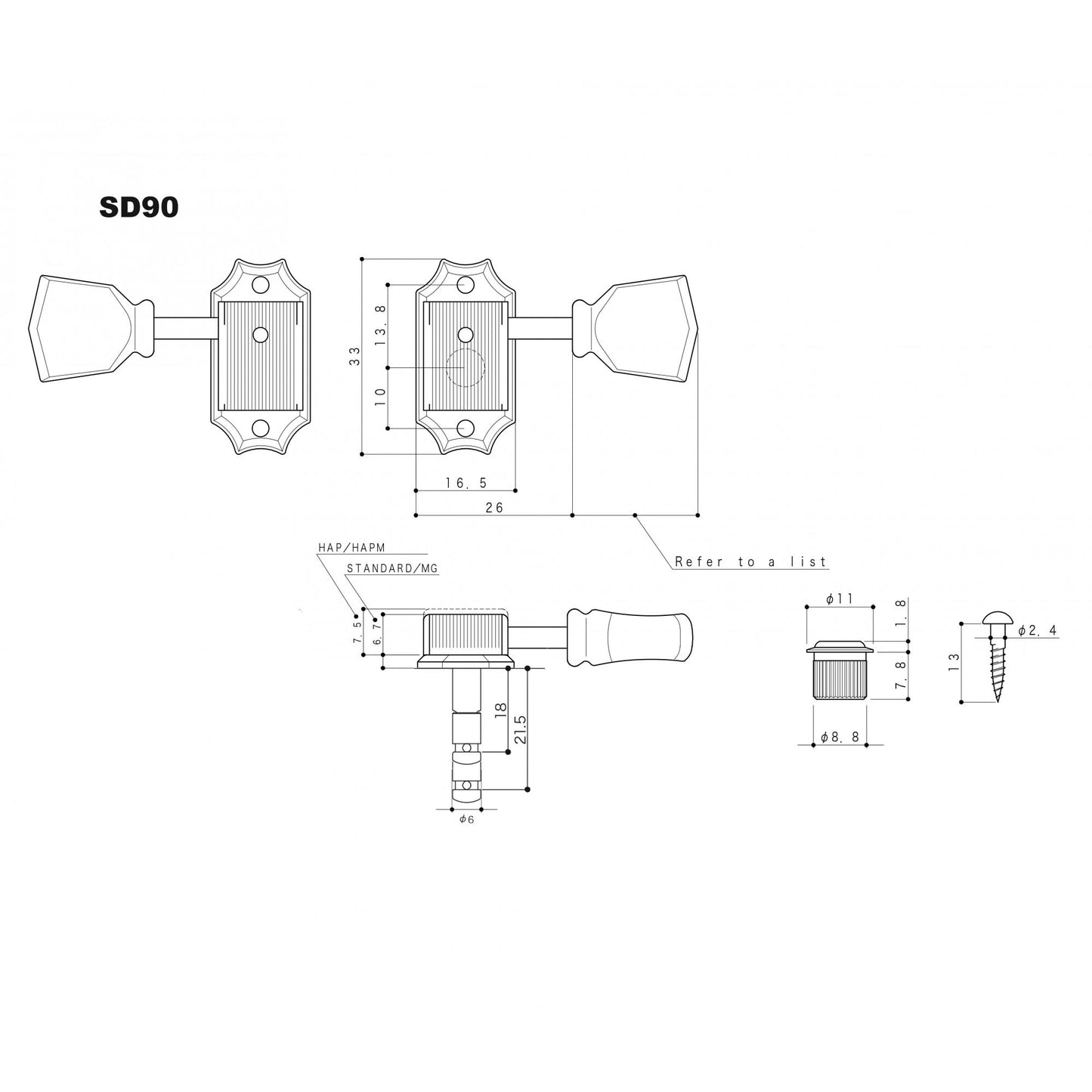 SD90 Height Adjustable Post and Magnum Locking 3 Aside Vintage Style Tuning Machines