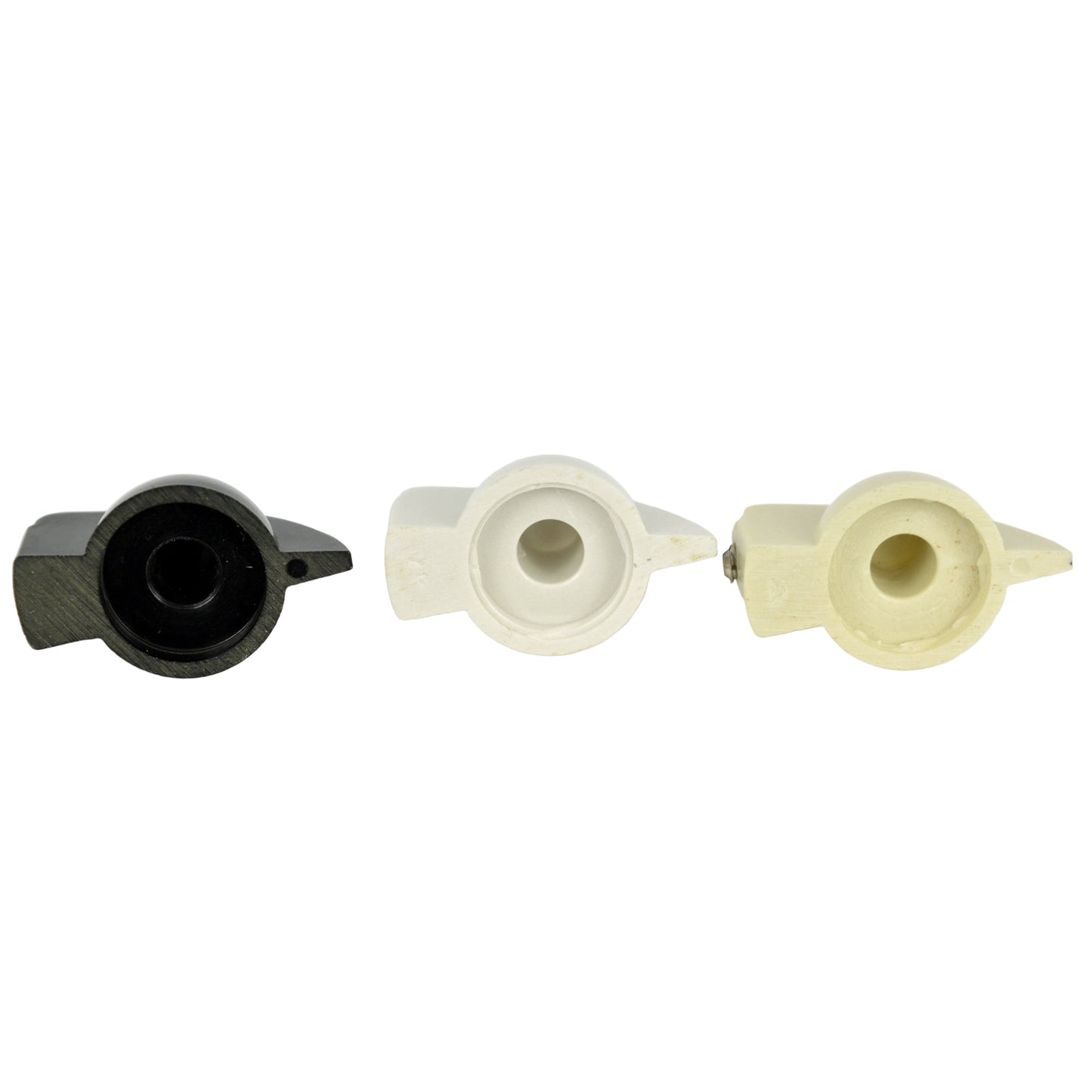 Three plastic chicken head knobs, black, white, and beige on a white background