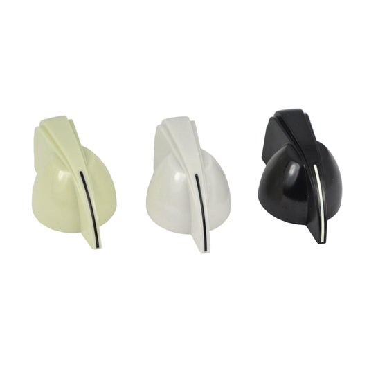 Three chicken head control knobs in beige, white, and black