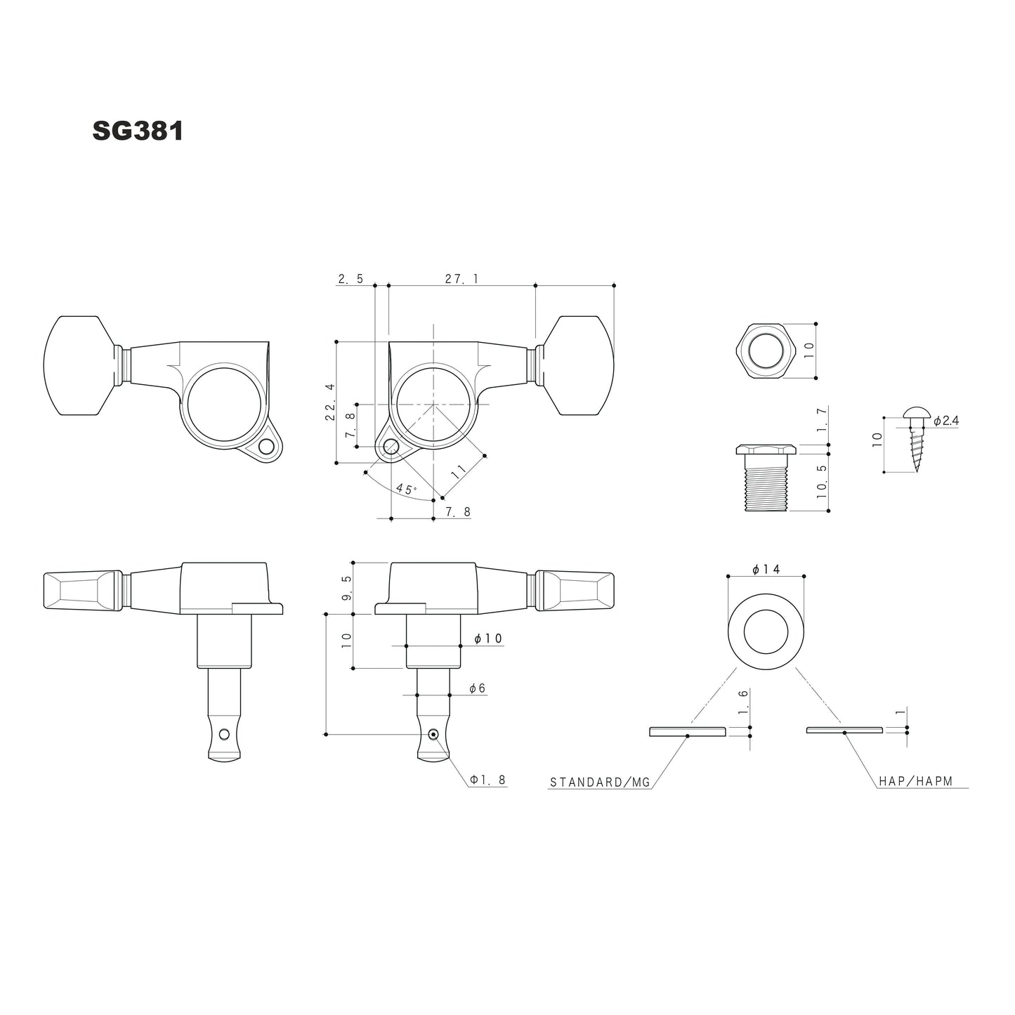 SG381 Series 3 Aside Tuning Machines with Keystone (Tulip) Metal Buttons 16:1 Gear Ratio