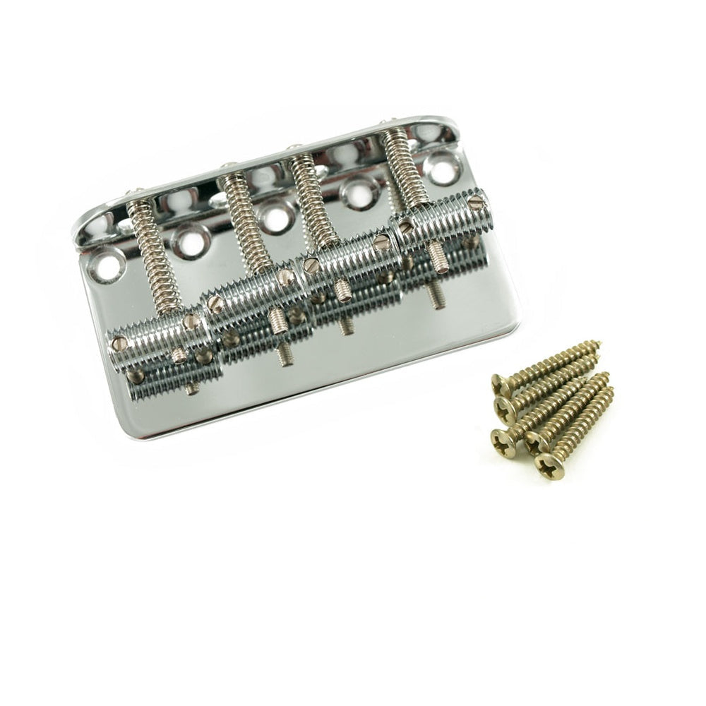 A 4-string bass bridge with knurled saddles, a stamped steel baseplate, and mounting screws, primarily chrome in color.