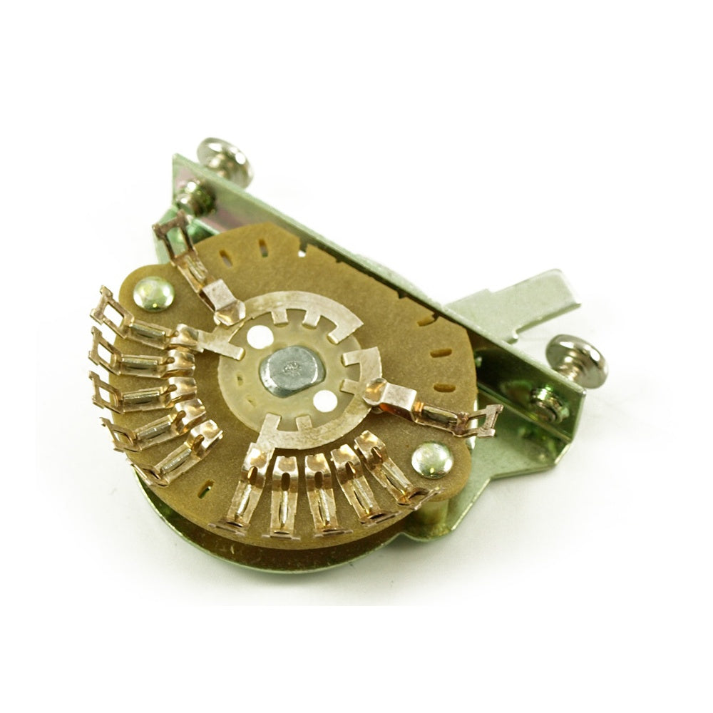 A 5 position lever switch for an electric guitar, showing metal construction with gold and silver contacts and levers.