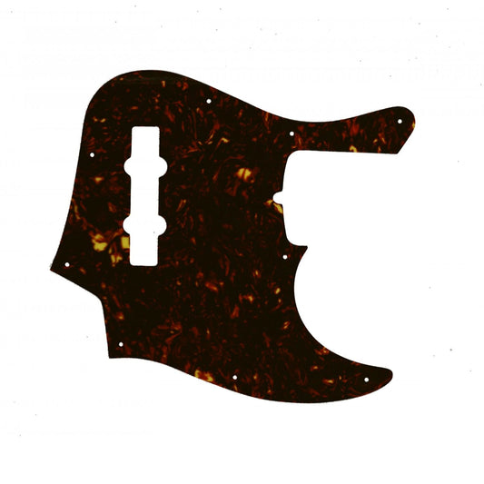 Dark brown tortoiseshell celluloid pickguard for a Jazz Bass guitar with a peel-off clear protective film on top.
