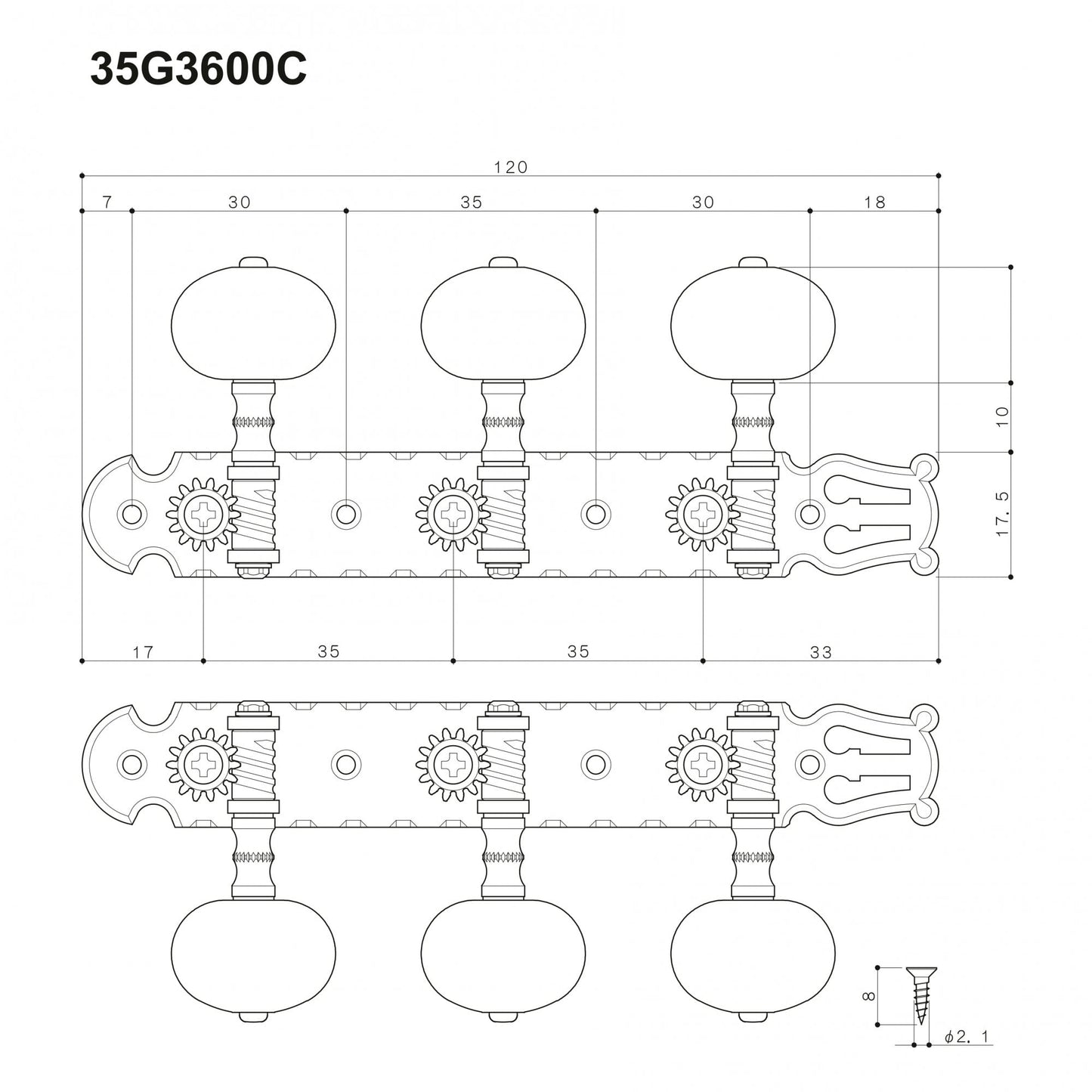 Classical Tuners - Solid Brass with White Pearloid Buttons