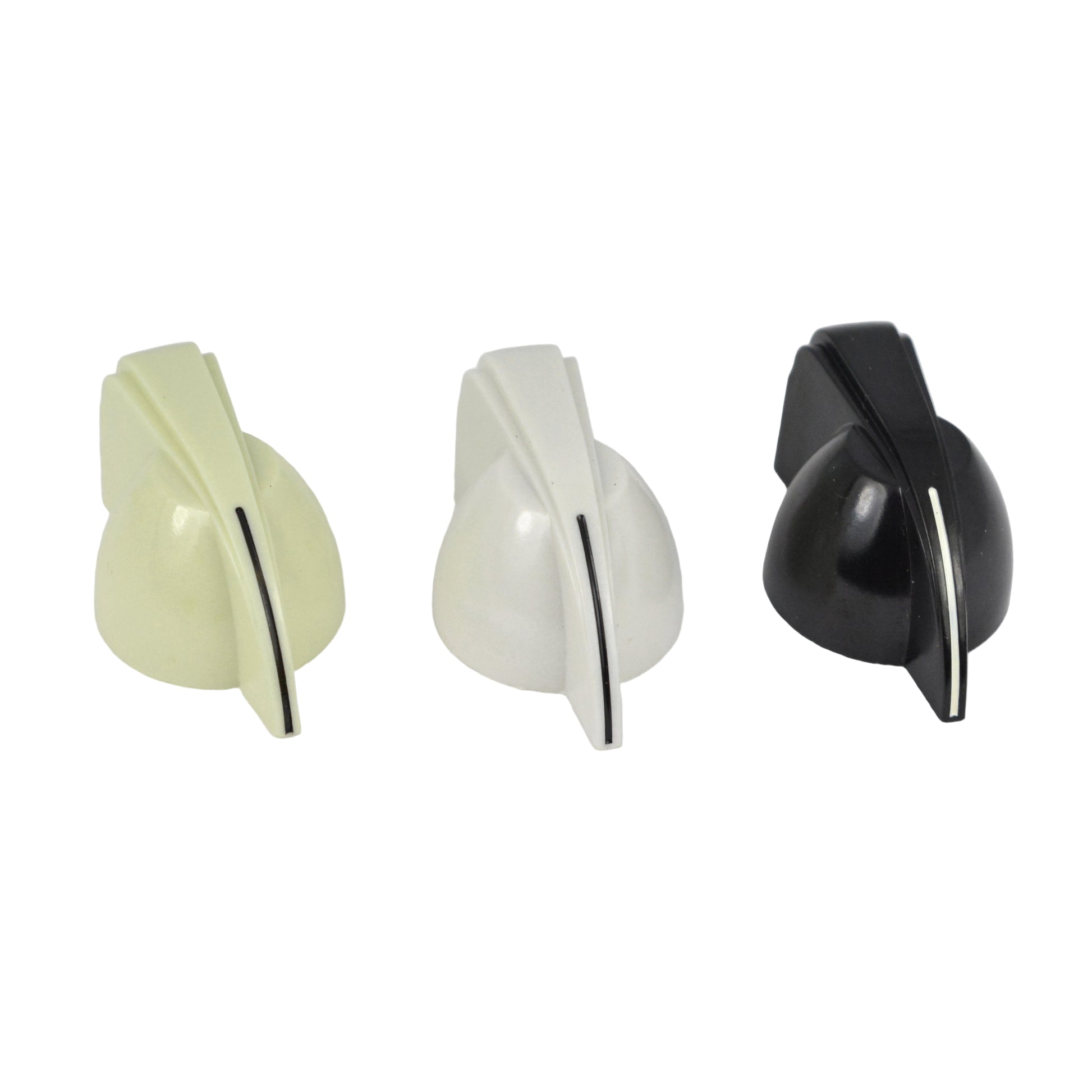Three chicken head control knobs in beige, white, and black 