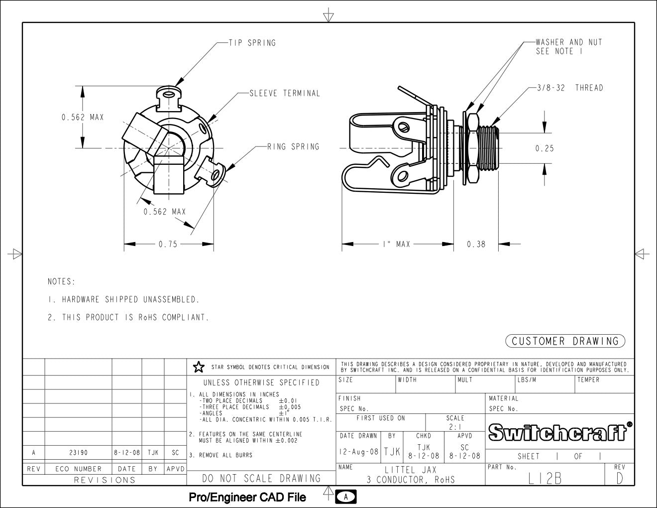 1/4" Jack Socket Extra Long Stereo Socket