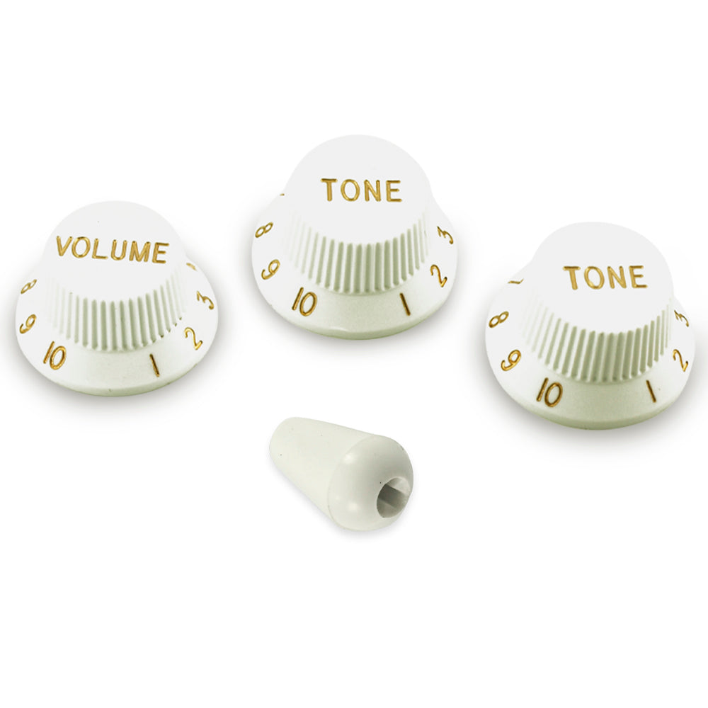 White metric Strat knob set with matching switch tip