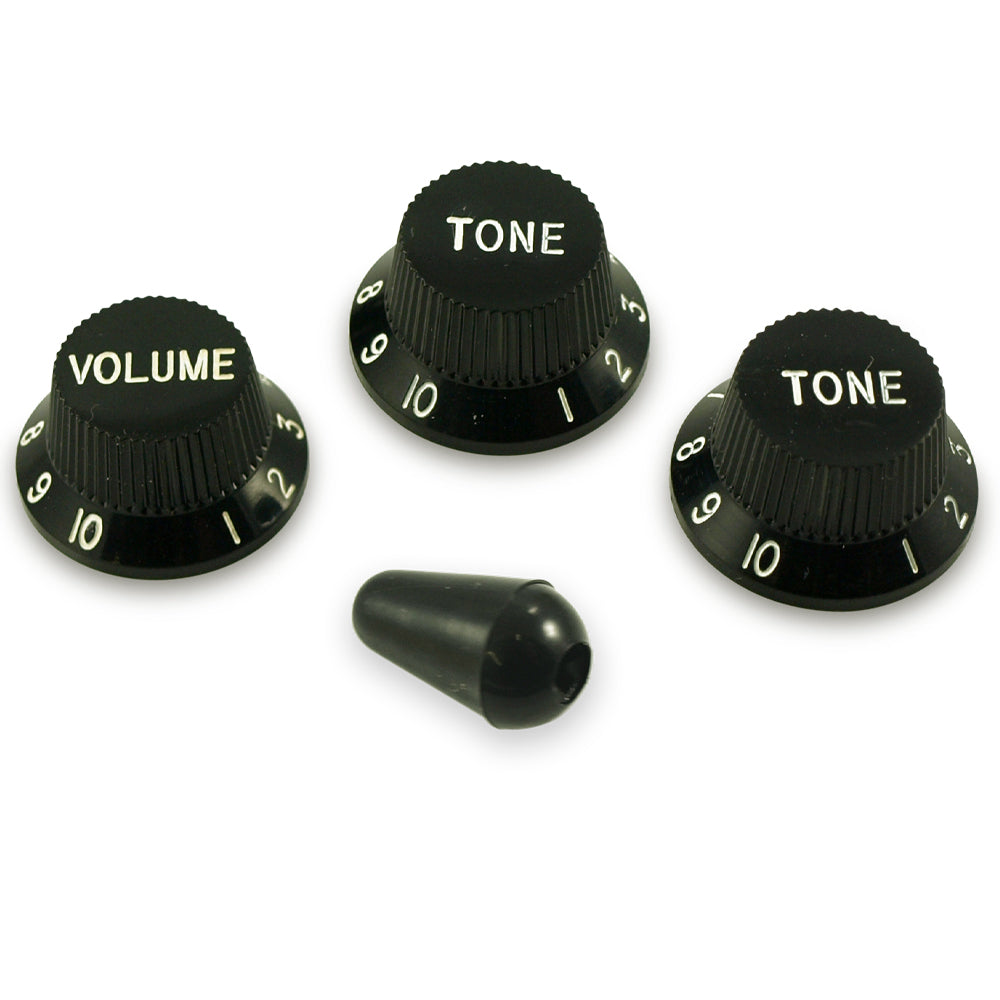 Black metric Strat knob set with matching switch tip