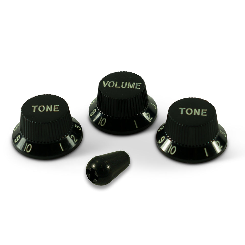Replacement Strat Knob Set in Black, USA fit and CTS pots (24 spline)