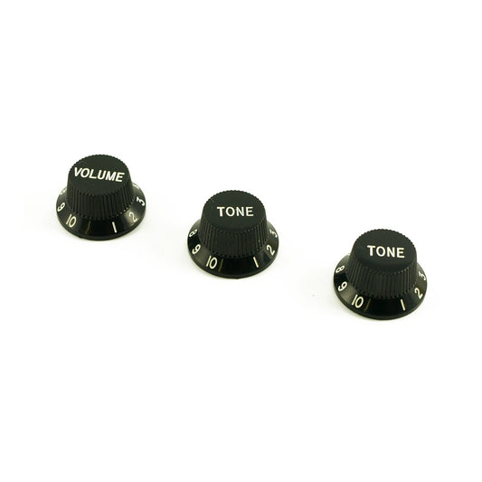 Replacement Strat Knob Set in Black, USA fit and CTS pots (24 spline)