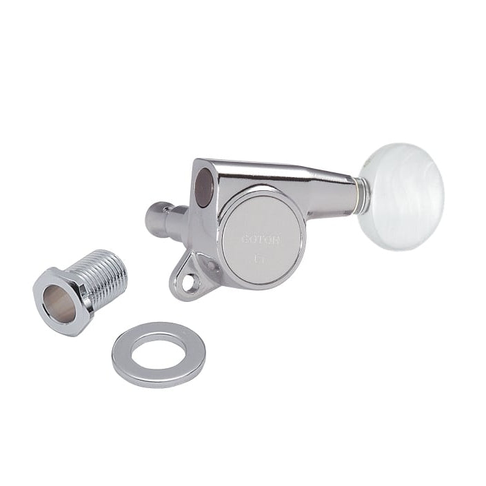 A single Gotoh SG381 Series tuning machine with a white pearloid button and silver metallic body.