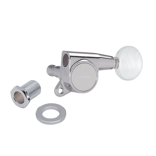 A single Gotoh SG381 Series tuning machine with a white pearloid button and silver metallic body.